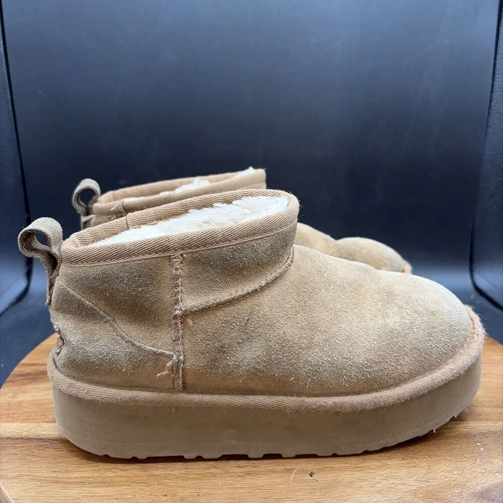 UGG Classic Mini Platform Chestnut Youth Size 2 Boots Girls Faux Fur Shoes